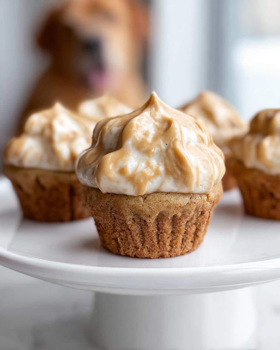 A close-up of a Mini Pupcake with Peanut Butter & Banana frosting on a white stand, with a dog blurred in the background.