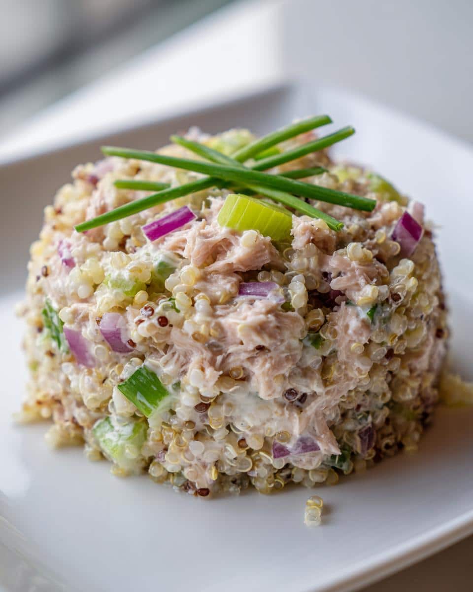 Molded portion of creamy tuna and quinoa salad mixed with red onion and celery, topped with fresh chives.