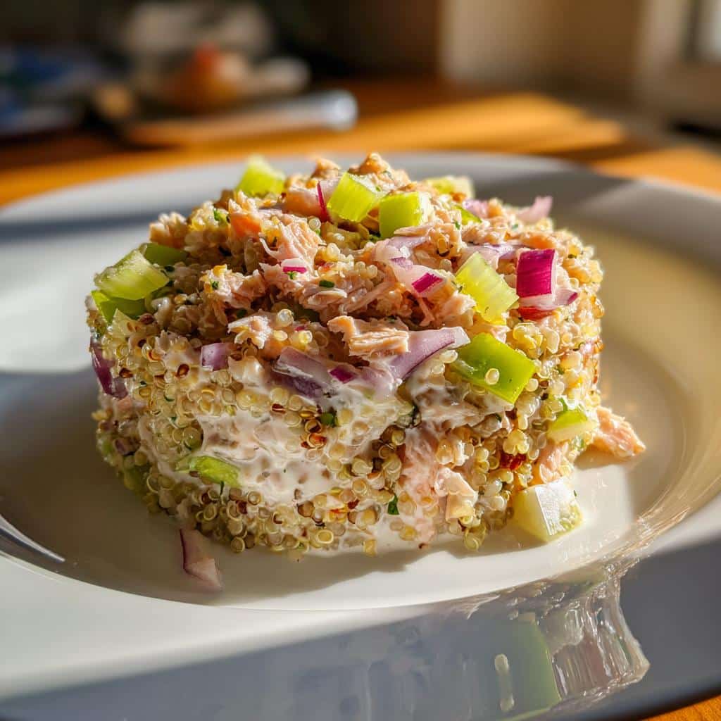 A molded serving of tuna and quinoa salad mixed with creamy dressing, red onion, and celery on a white plate.