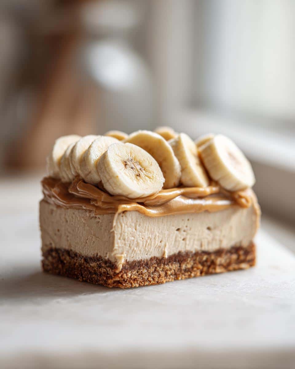 A close-up of a single serving of No-Bake Peanut Butter and Banana Cake with a crust, peanut butter topping, and sliced bananas.