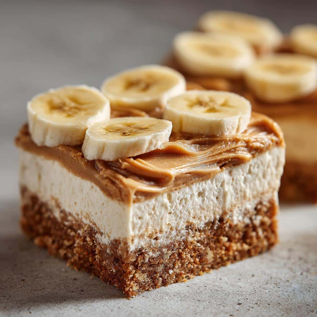 Close-up of a square slice of No-Bake Peanut Butter and Banana Cake with a crumb base, creamy filling, peanut butter swirl, and banana slices.