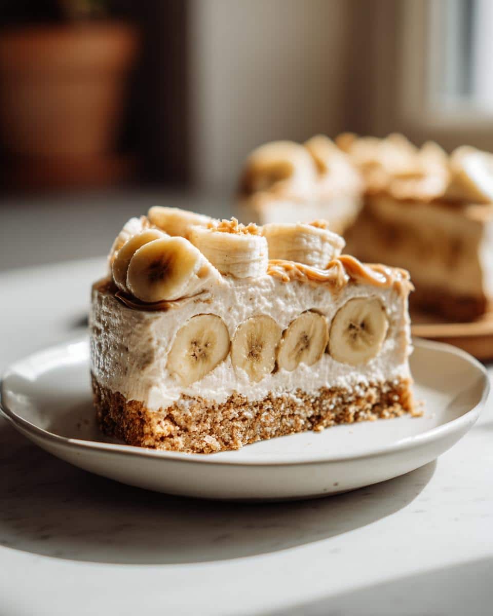 A decadent slice of No-Bake Peanut Butter and Banana Cake on a white plate, topped with banana slices.