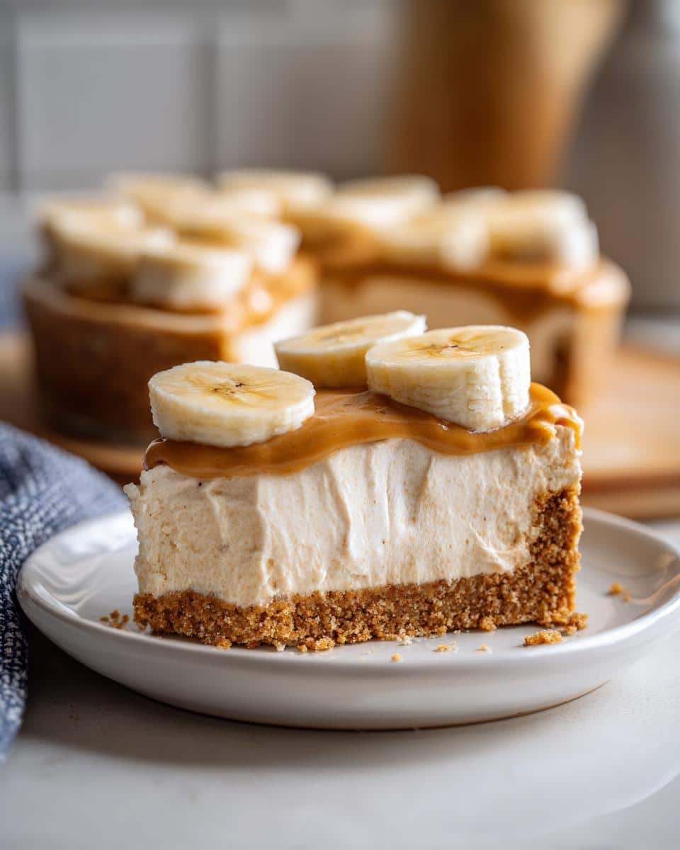 Close-up of a slice of No-Bake Peanut Butter and Banana Cake with creamy filling, graham cracker crust, and banana slices.