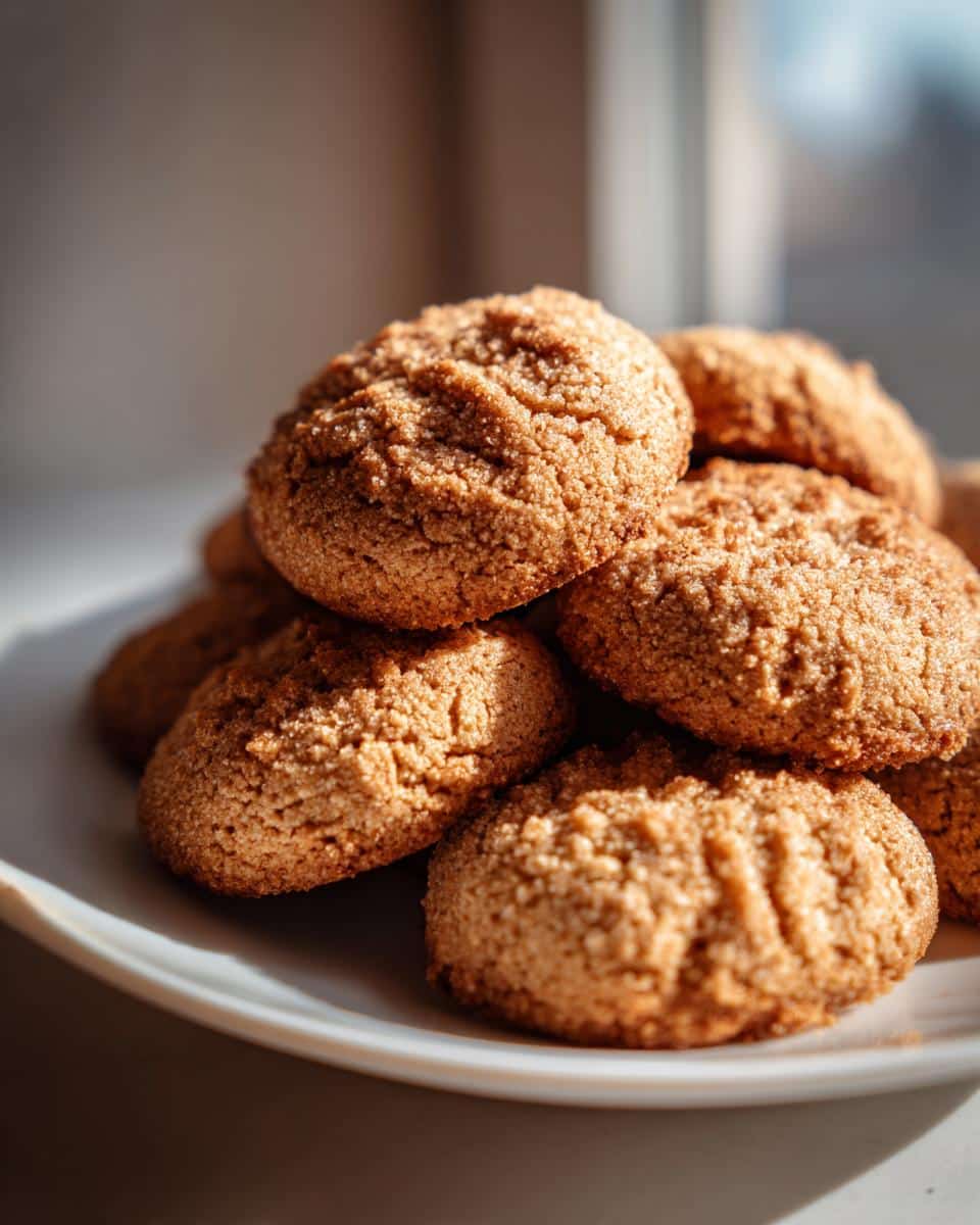 A close-up stack of golden brown No-Bake Peanut Butter Dog Treats resting on a white plate near a window.