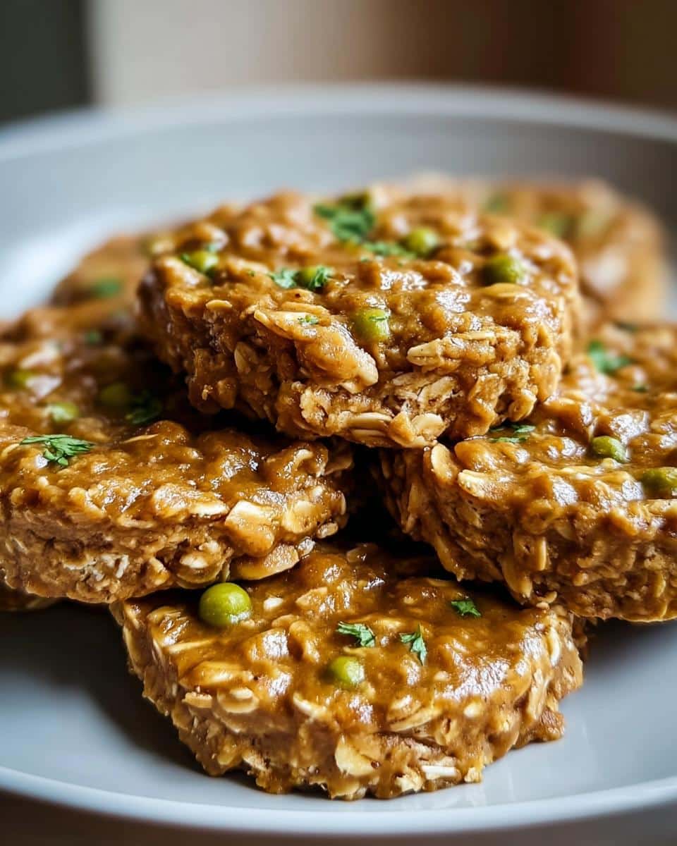 Close-up of stacked No-Bake Peanut Butter & Oatmeal Dog Treats, showing texture and embedded peas.