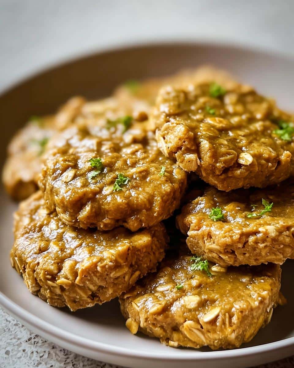 A close-up stack of homemade No-Bake Peanut Butter & Oatmeal Dog Treats garnished with tiny green herbs.