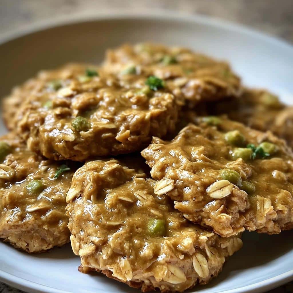 Close-up of several No-Bake Peanut Butter & Oatmeal Dog Treats stacked on a white plate, showing texture from oats.