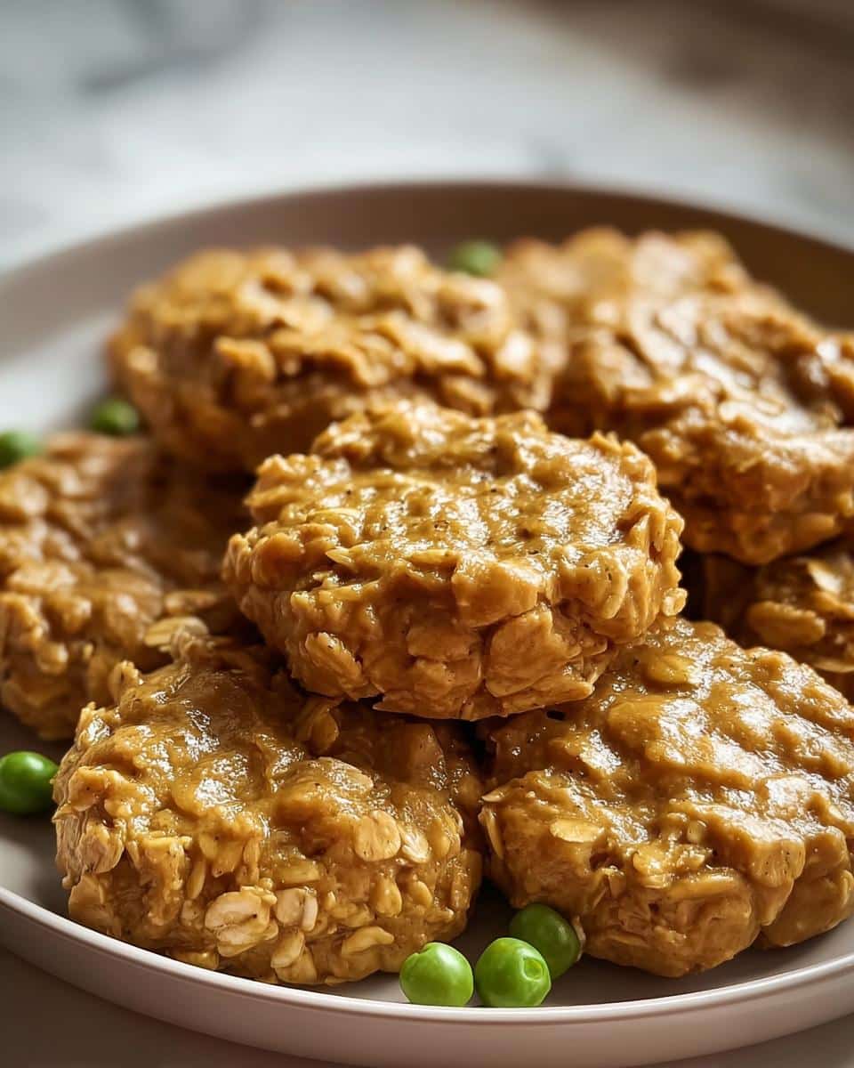 A stack of homemade No-Bake Peanut Butter & Oatmeal Dog Treats garnished with a few green peas on a light plate.