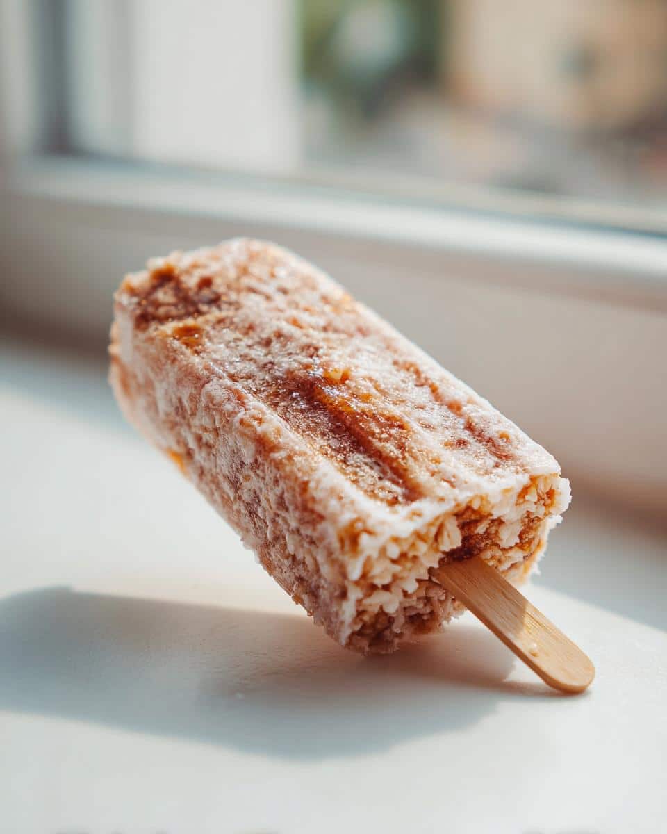 A single frozen No-Bake Pork, Rice & Cheddar Popsicles for Dogs resting on a white surface near a window.