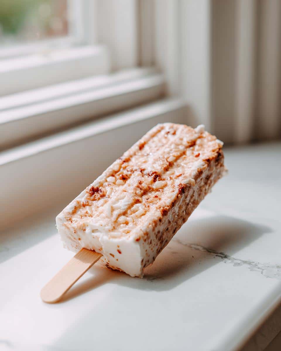 A single No-Bake Pork, Rice & Cheddar Popsicles For Dogs on a stick, resting on a white marble surface near a window.