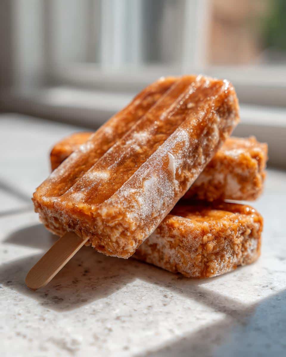 Close-up of frozen No-Bake Pork, Rice & Cheddar Popsicles for Dogs stacked on a countertop.