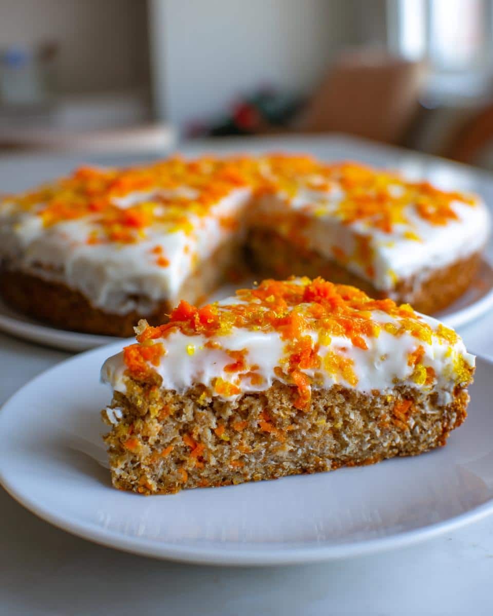 A slice of No-Bake Yogurt Cake for Dogs, showing a textured, carrot-flecked interior topped with white frosting and orange zest.
