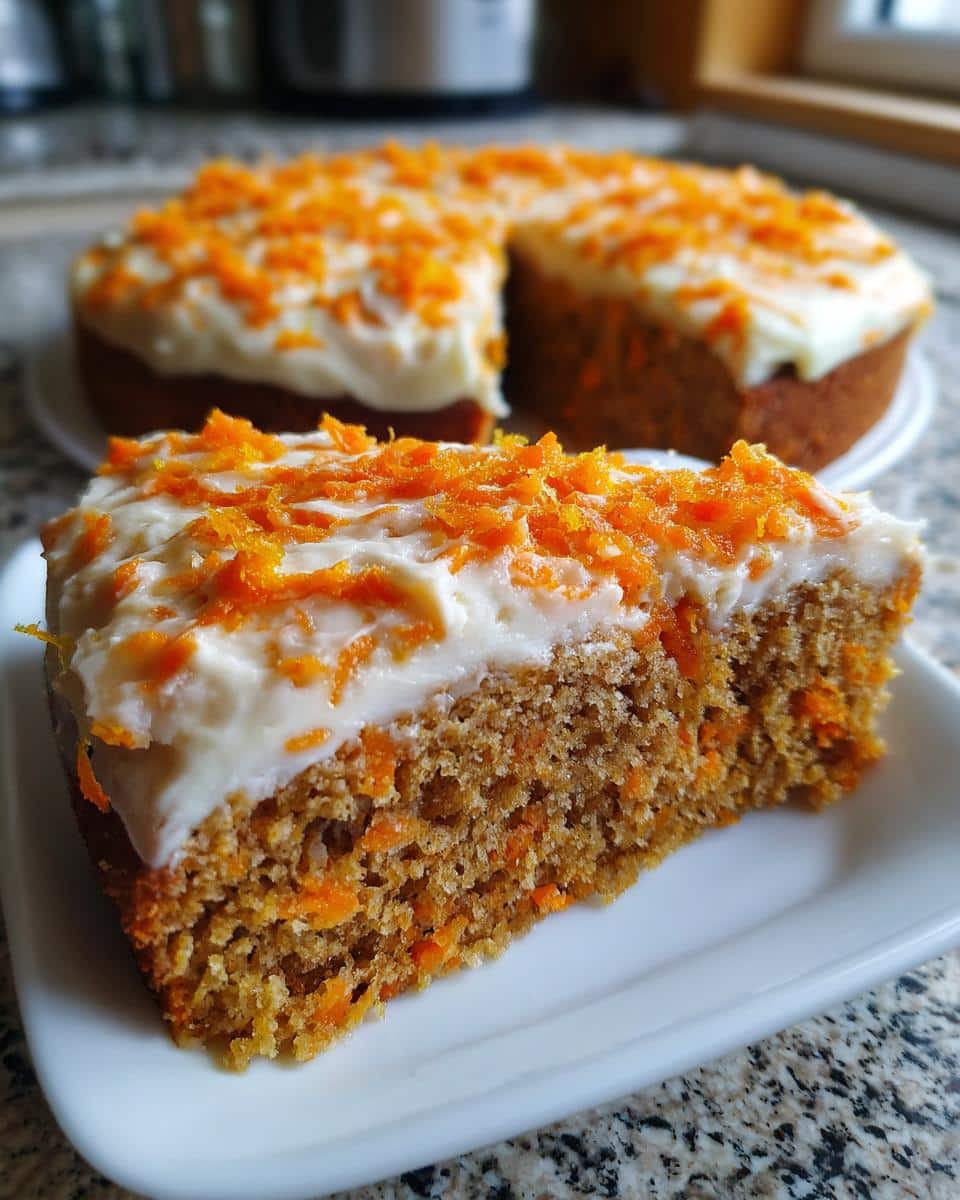 Close-up of a slice of No-Bake Yogurt Cake for Dogs topped with white frosting and shredded carrots.