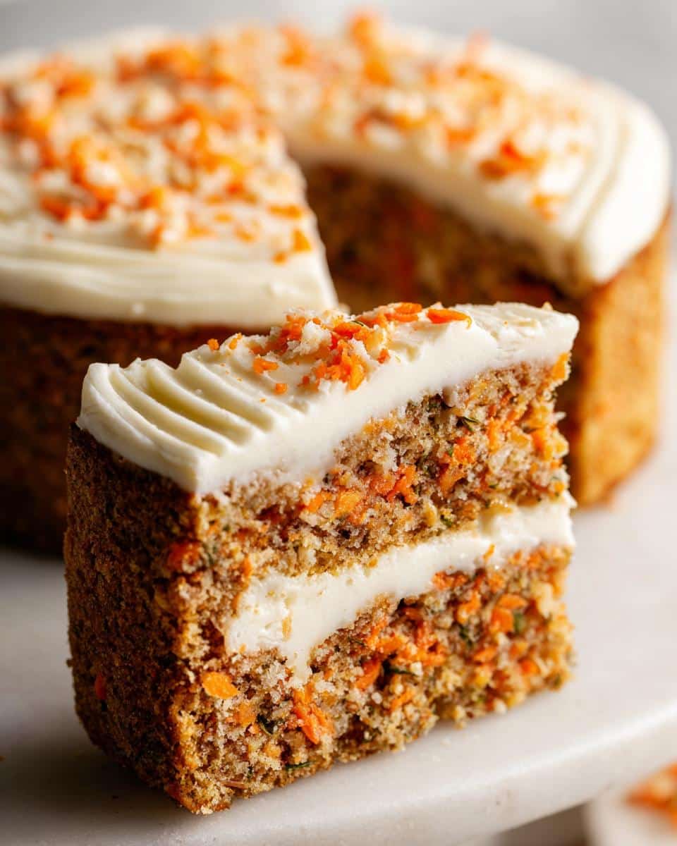 Close-up of a slice of No-Bake Yogurt Cake for Dogs showing layers of carrot cake and white frosting.