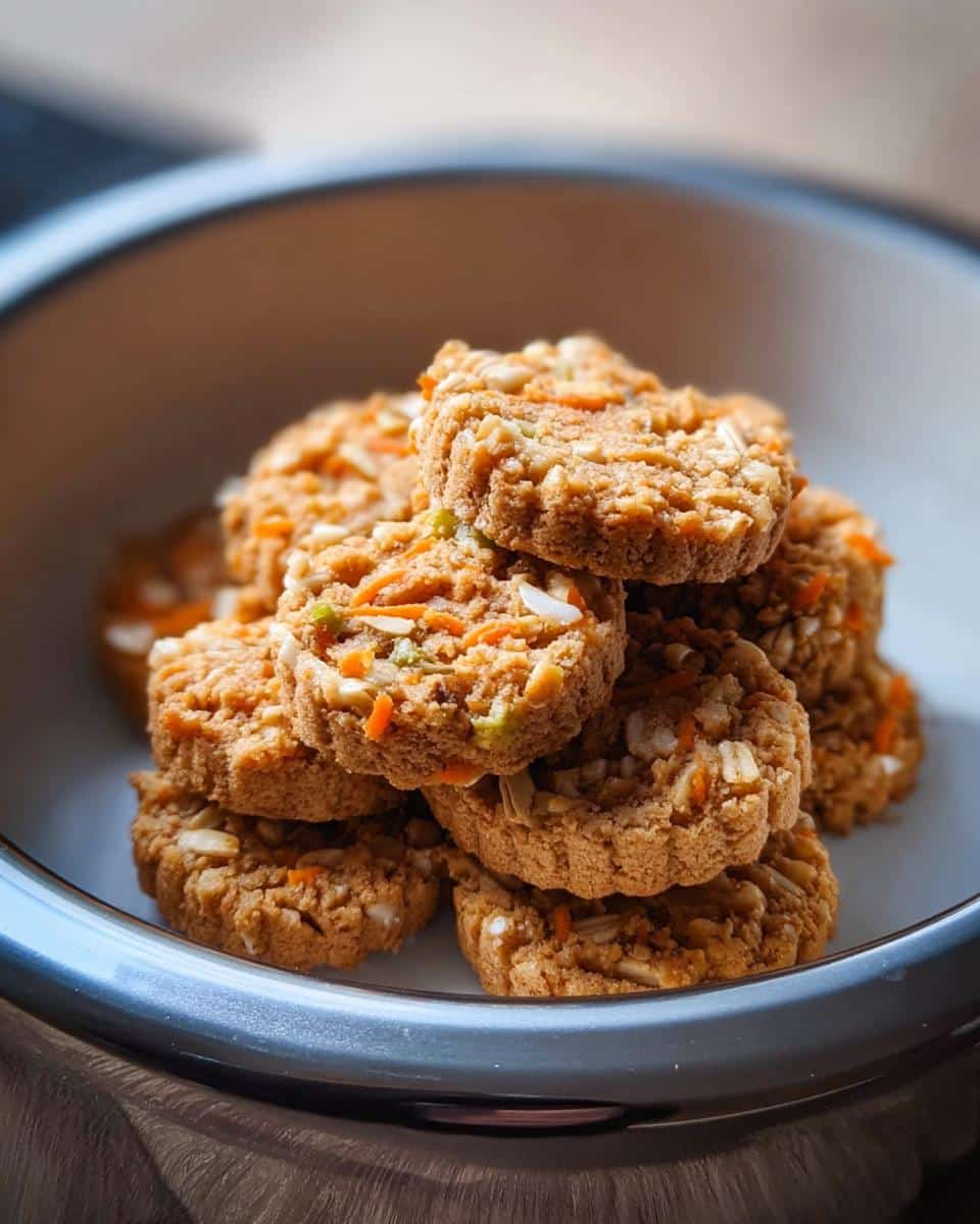 Stack of homemade Oat Carrot Christmas Pup Biscuits with visible carrot shreds and seeds in a light bowl.