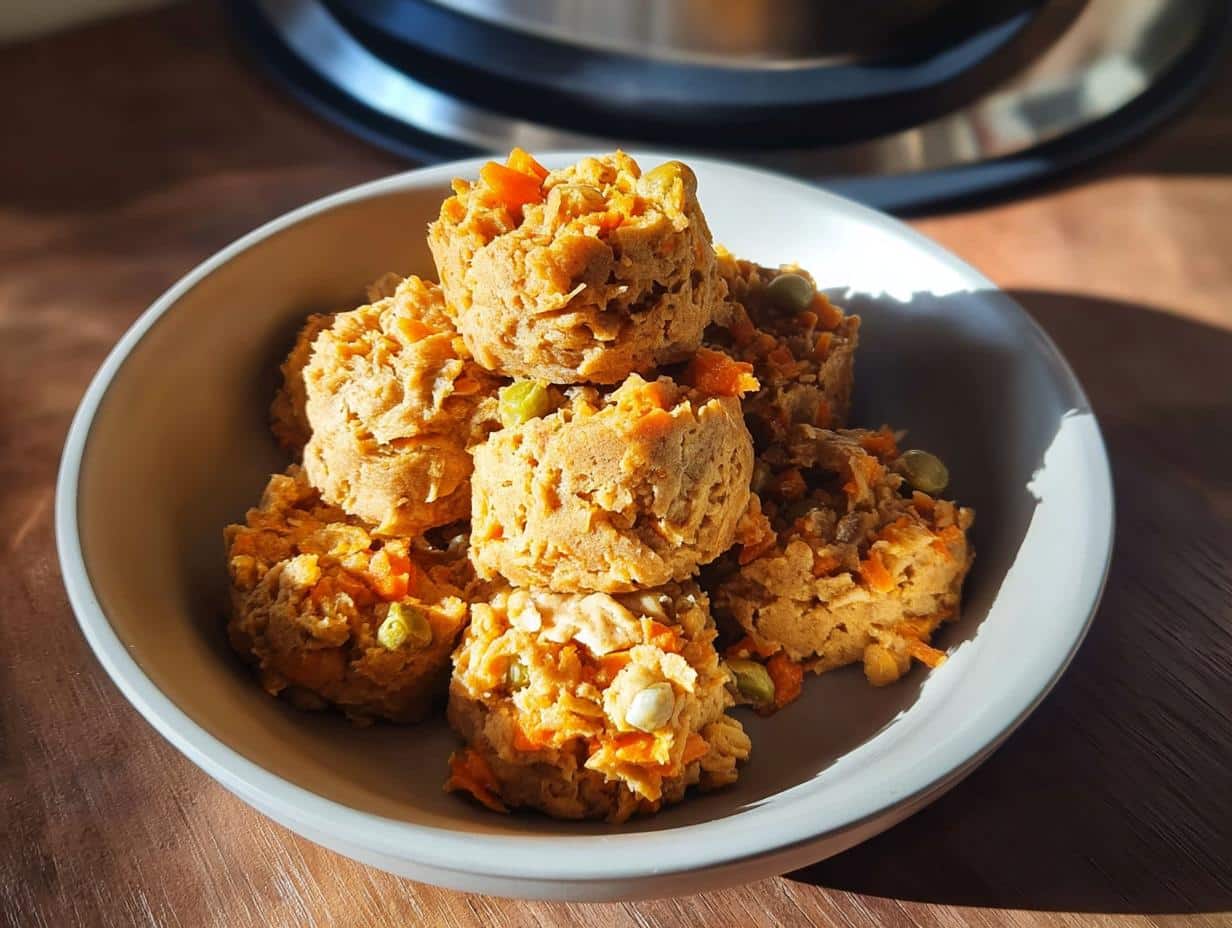A stack of baked Oat Carrot Christmas Pup Biscuits with visible carrots and peas in a light bowl.