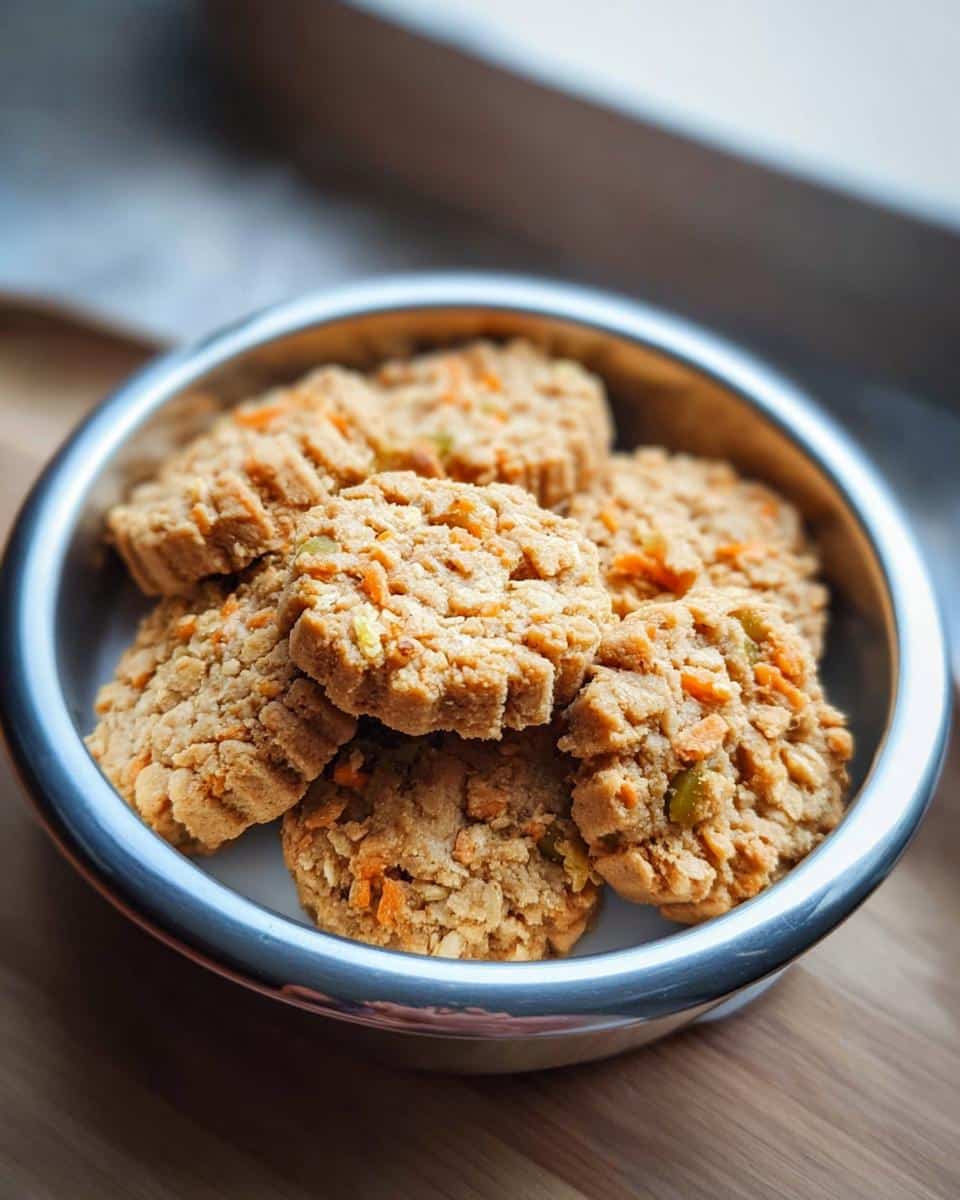 Close-up of several homemade carrot pup biscuits with visible carrot pieces in a shiny metal bowl.