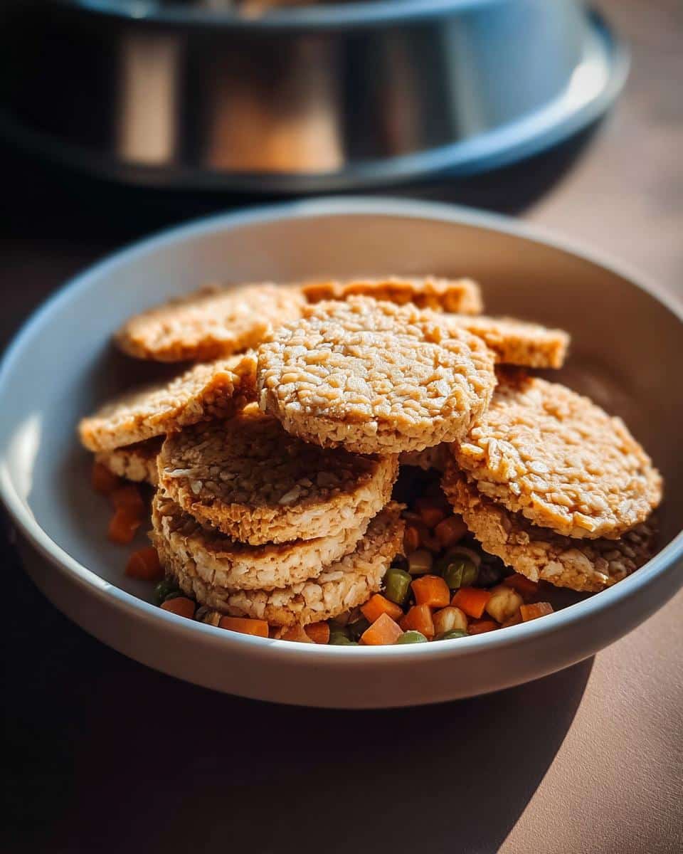 Round Oat Carrot Pup Biscuits stacked in a bowl over diced carrots and peas.