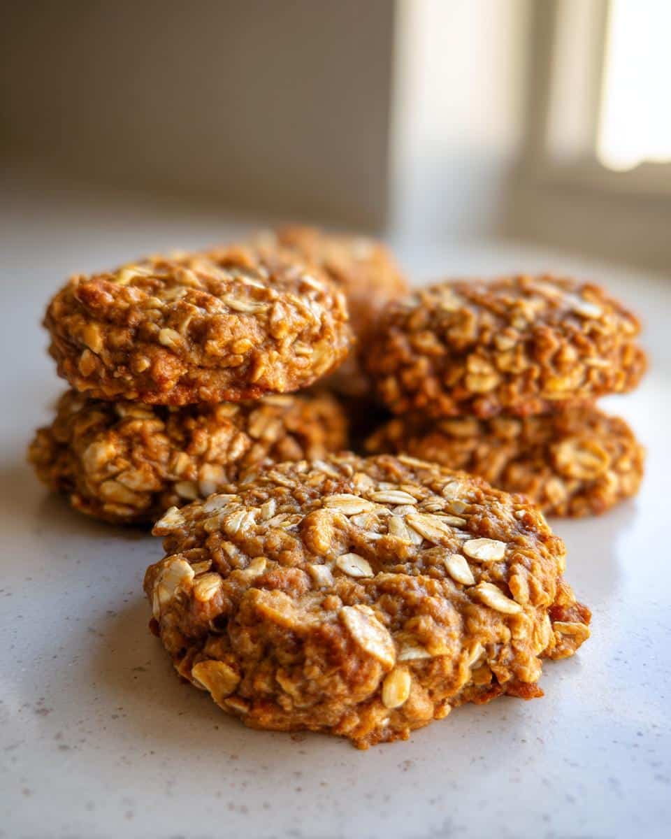A close-up stack of freshly baked, rustic Oat dog cookies, clearly showing whole rolled oats on the surface.