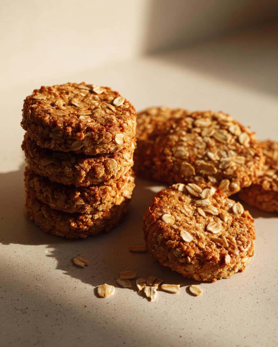 A stack of four homemade oat dog cookies next to several others, sprinkled with visible rolled oats.