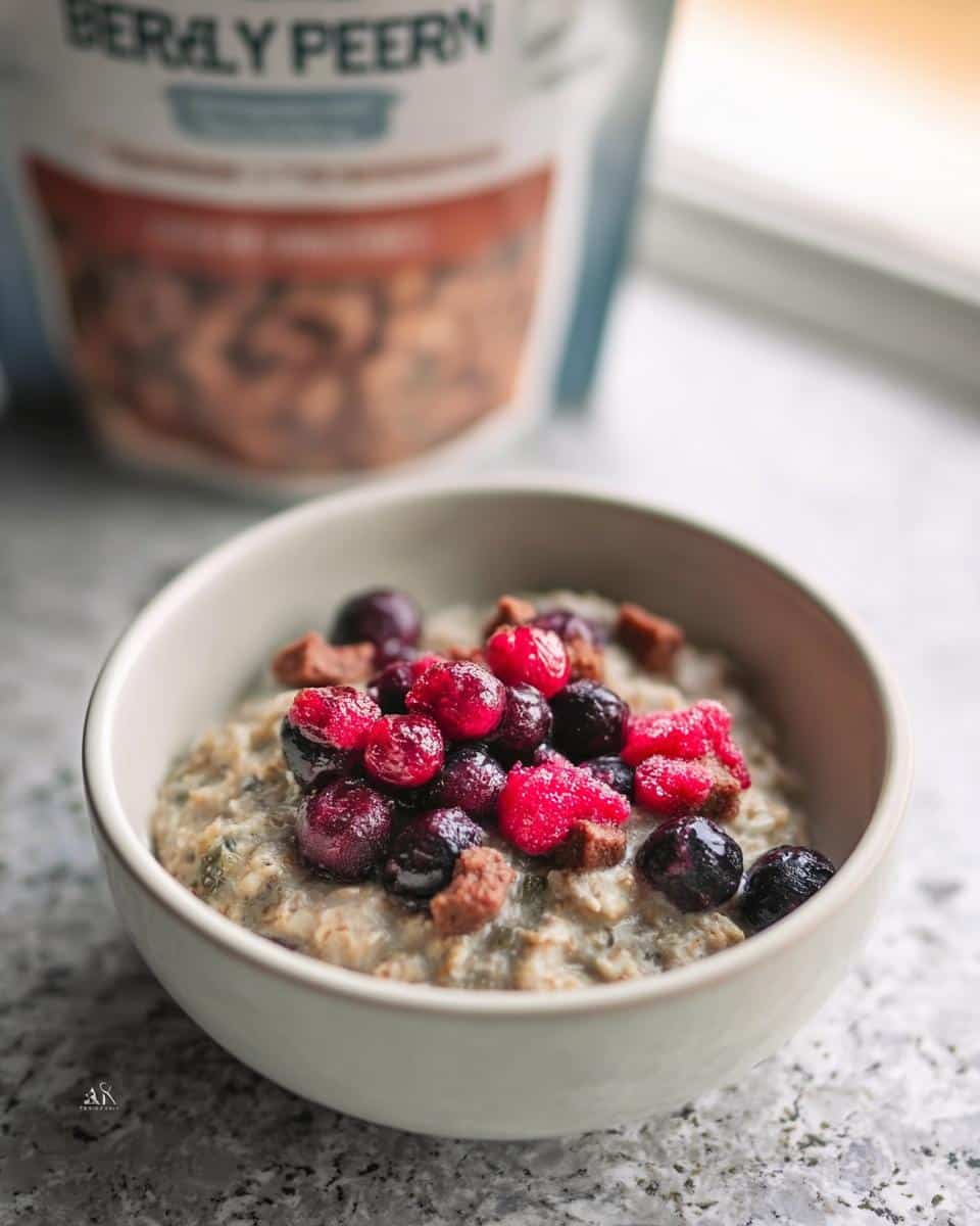 Close-up of a bowl of Oatmeal Dog topped with frozen mixed berries and small brown pieces.