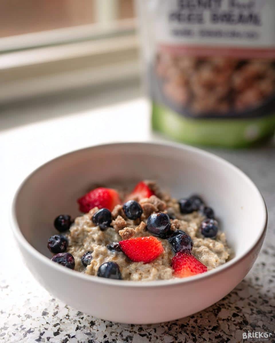 Close-up of a white bowl containing Oatmeal Dog topped with fresh blueberries and sliced strawberries.