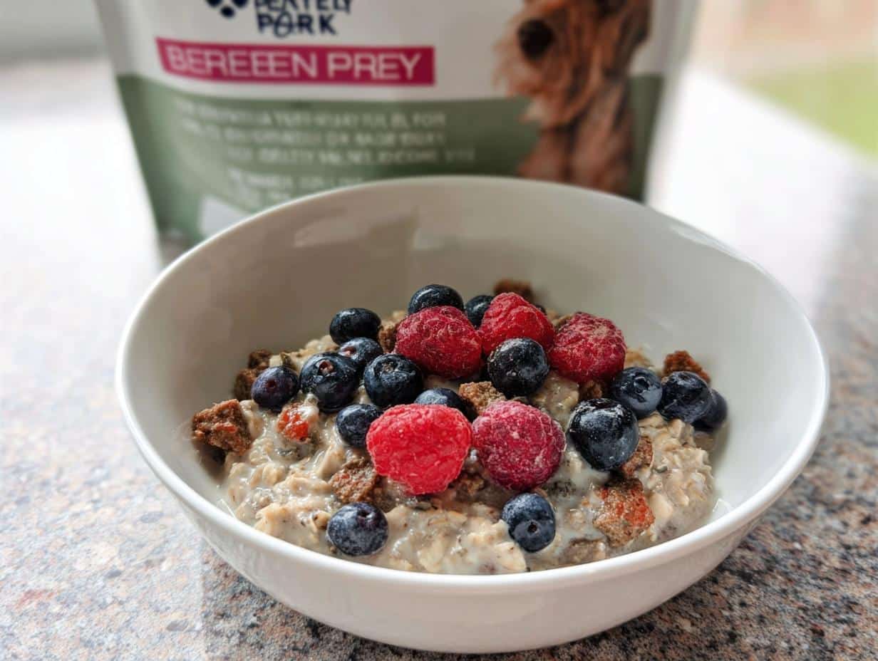A white bowl filled with Oatmeal Dog Boost mixture topped with fresh blueberries and raspberries.