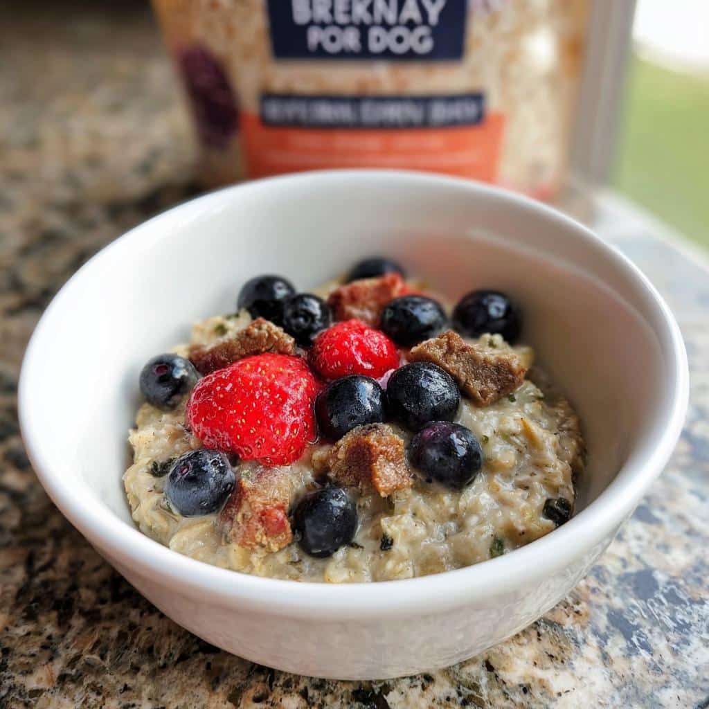 A white bowl filled with Oatmeal Dog boost topped with blueberries, a strawberry, and small pieces of cooked meat.