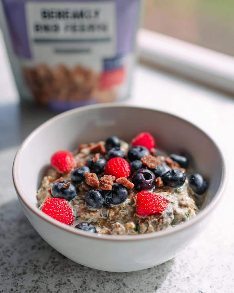 Close-up of a bowl containing Oatmeal Dog mix topped with fresh blueberries, raspberries, and small brown crumbles.
