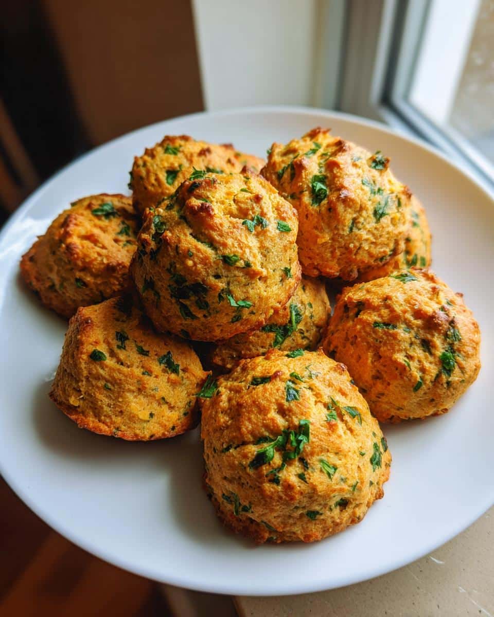 A pile of golden-brown, freshly baked Parsley Mint Teeth Cleaner Treats speckled with green herbs on a white plate.