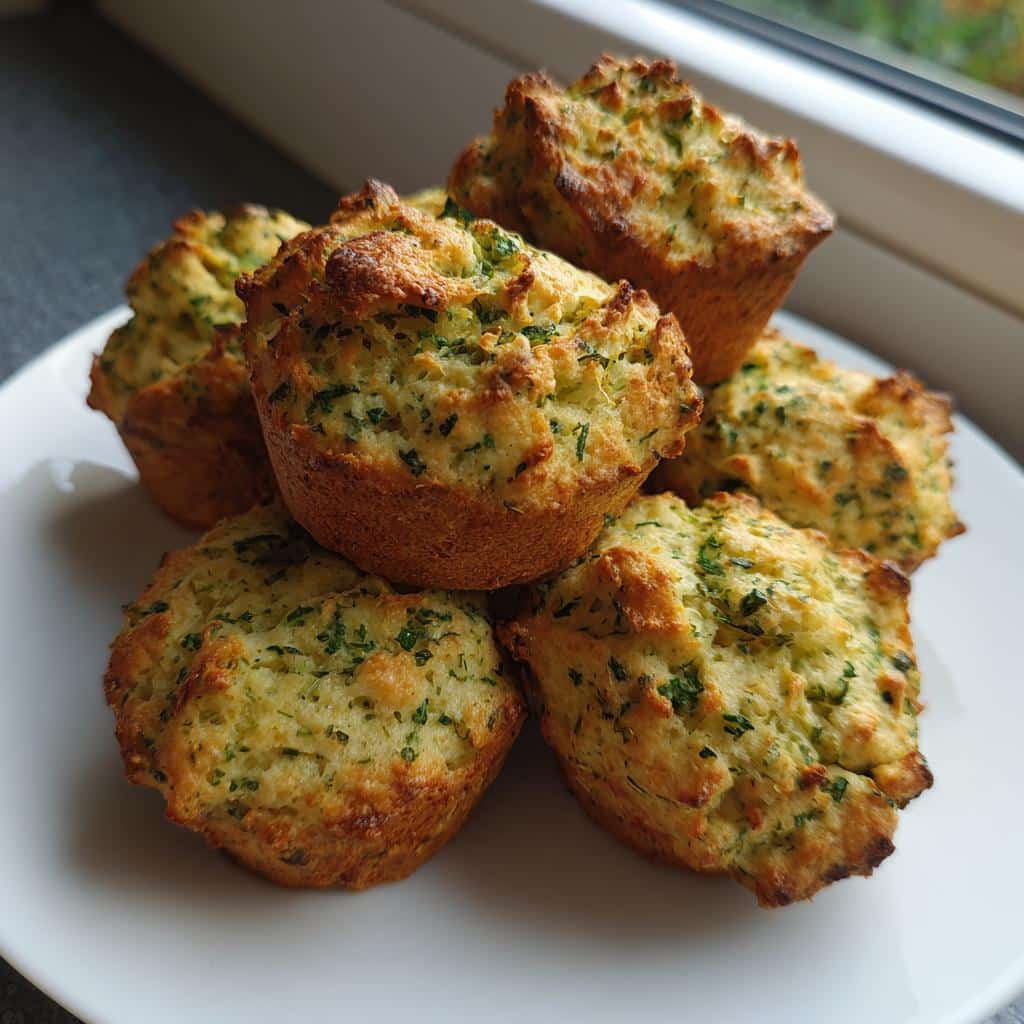 A stack of golden-brown, freshly baked Parsley Mint Teeth Cleaner Treats muffins on a white plate.