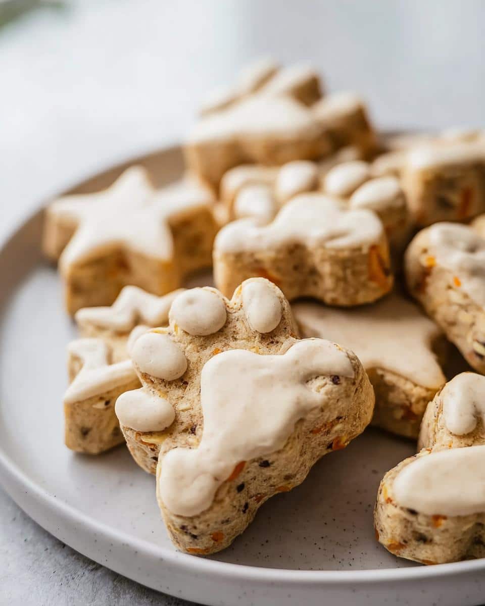 Close-up of several paw-shaped and star-shaped homemade Dog Ice Cream treats, lightly frosted.