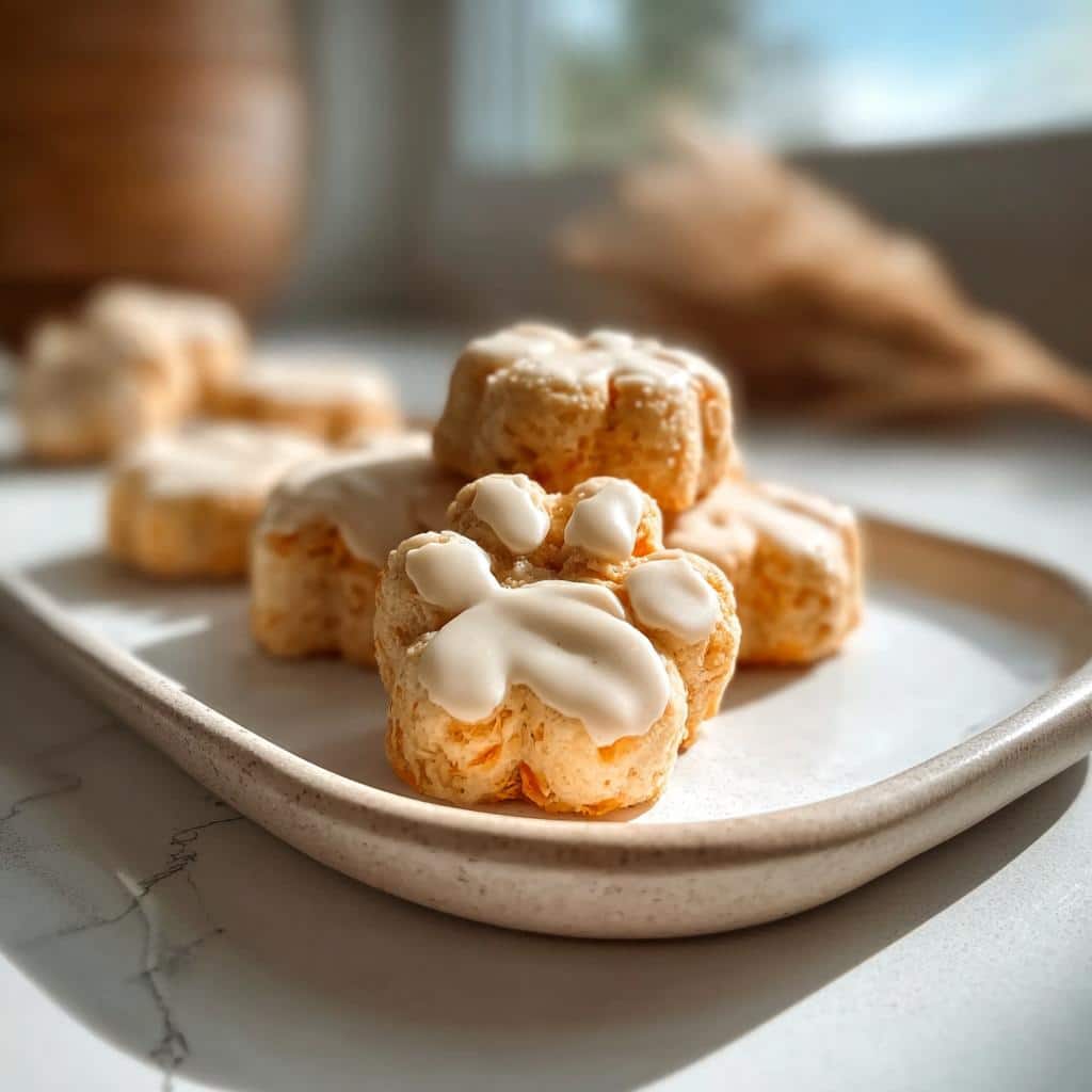Close-up of paw-shaped yogurt dog treats stacked on a plate, topped with white icing.