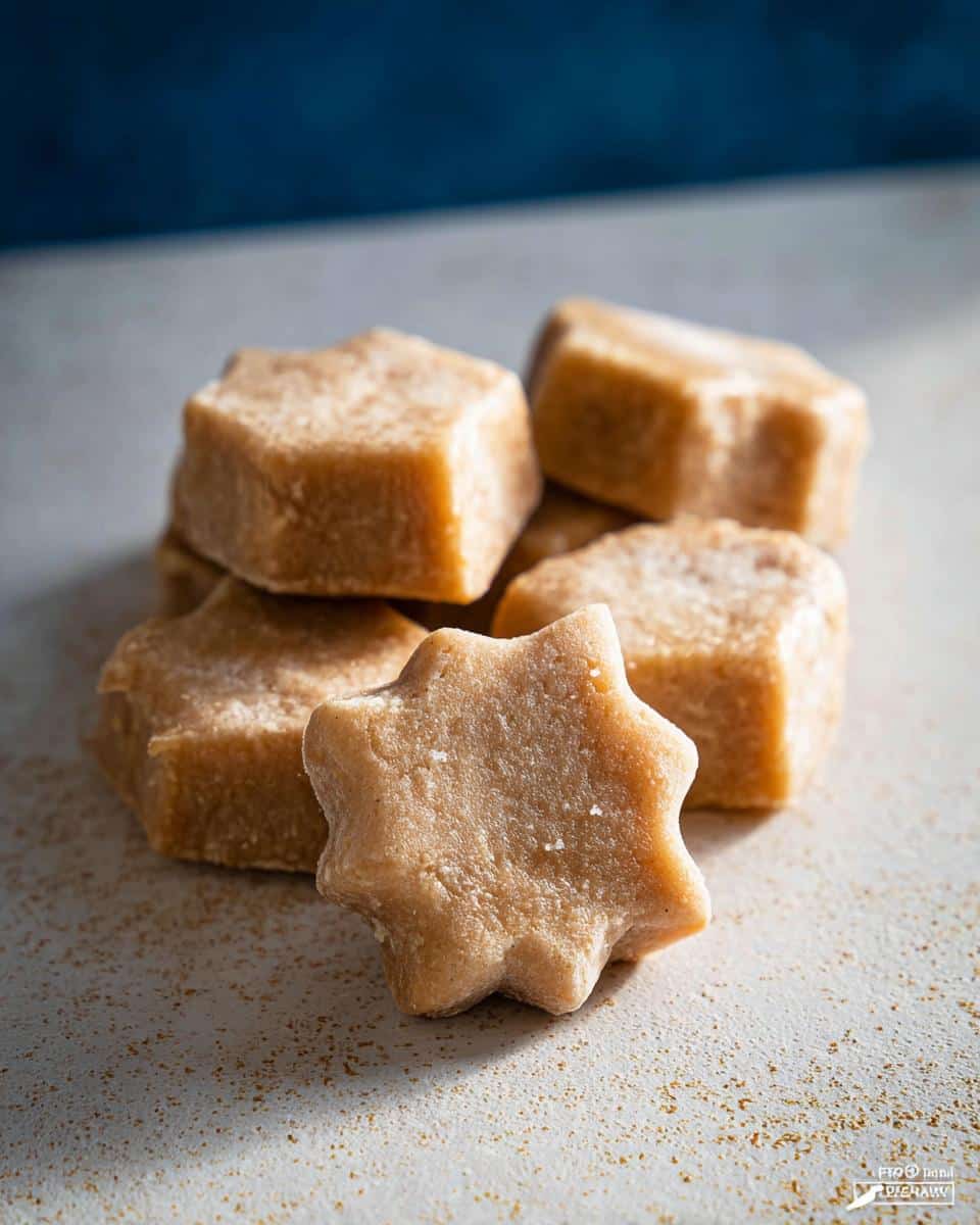 Close-up of star-shaped peanut butter and banana frozen dog treats stacked on a light surface.
