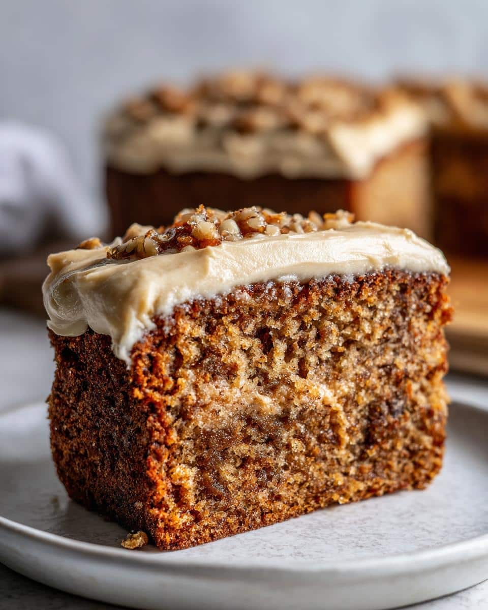 Close-up of a moist slice of Peanut Butter & Banana Dog Cake topped with peanut butter frosting and chopped nuts.
