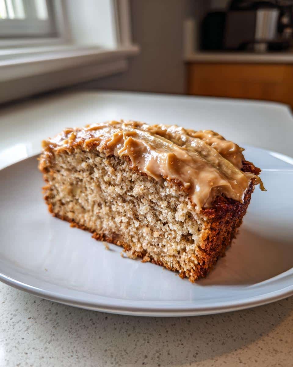 A close-up of a slice of moist Peanut Butter & Banana Dog Cake topped with creamy peanut butter frosting.
