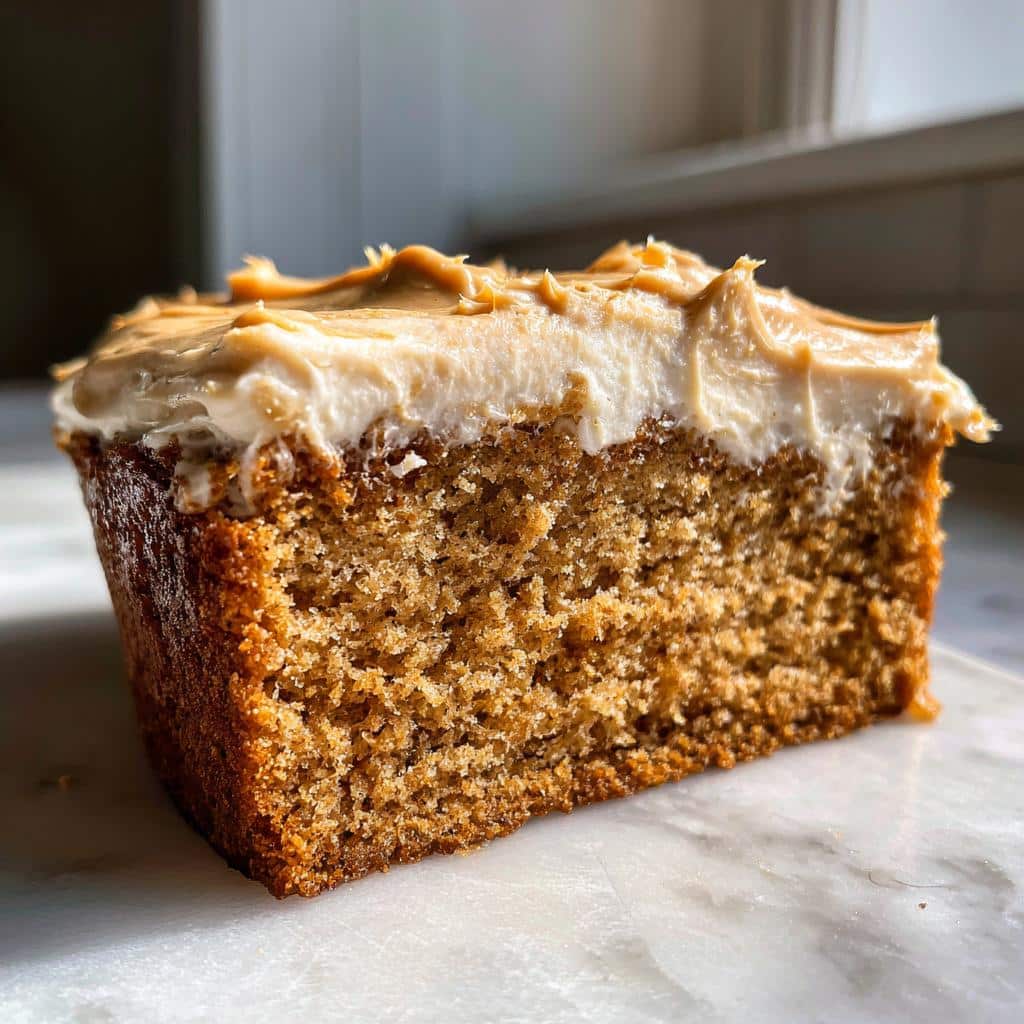 Close-up of a slice of moist Peanut Butter & Banana Dog Cake with thick white and peanut butter swirl frosting.