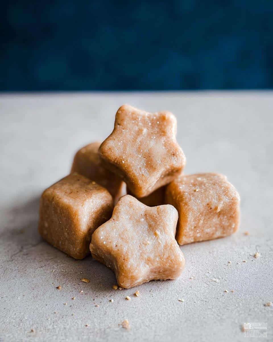 A small pile of star and cube-shaped peanut butter and banana frozen dog treats on a light surface.