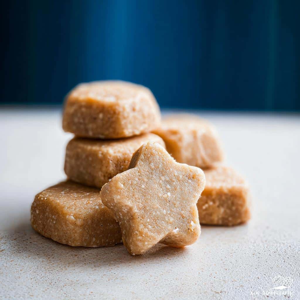 A stack of star-shaped and square peanut butter and banana frozen dog treats on a light surface.