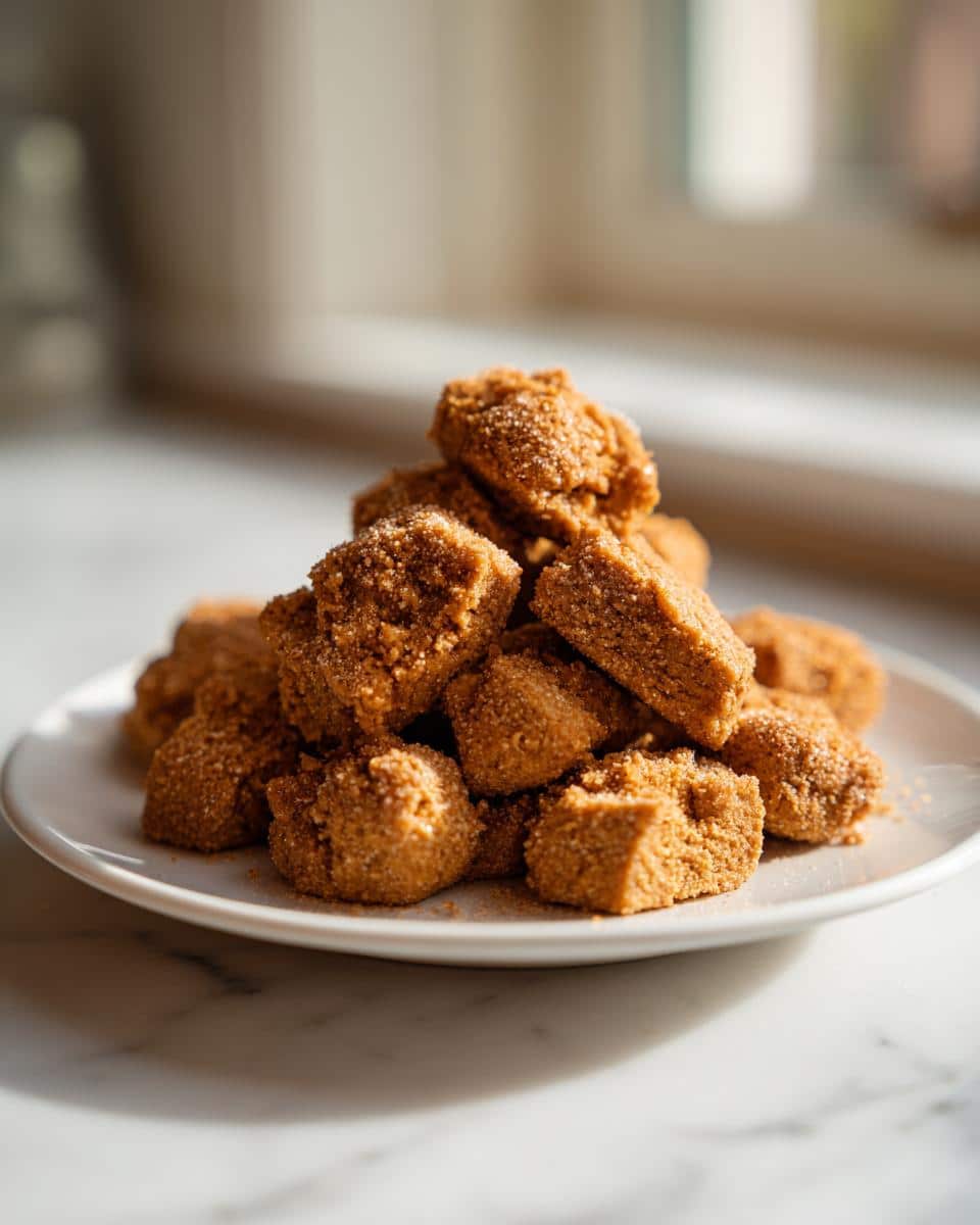 A close-up of a pile of homemade peanut butter banana pup bites, coated in sugar or crumbs, sitting on a white plate.