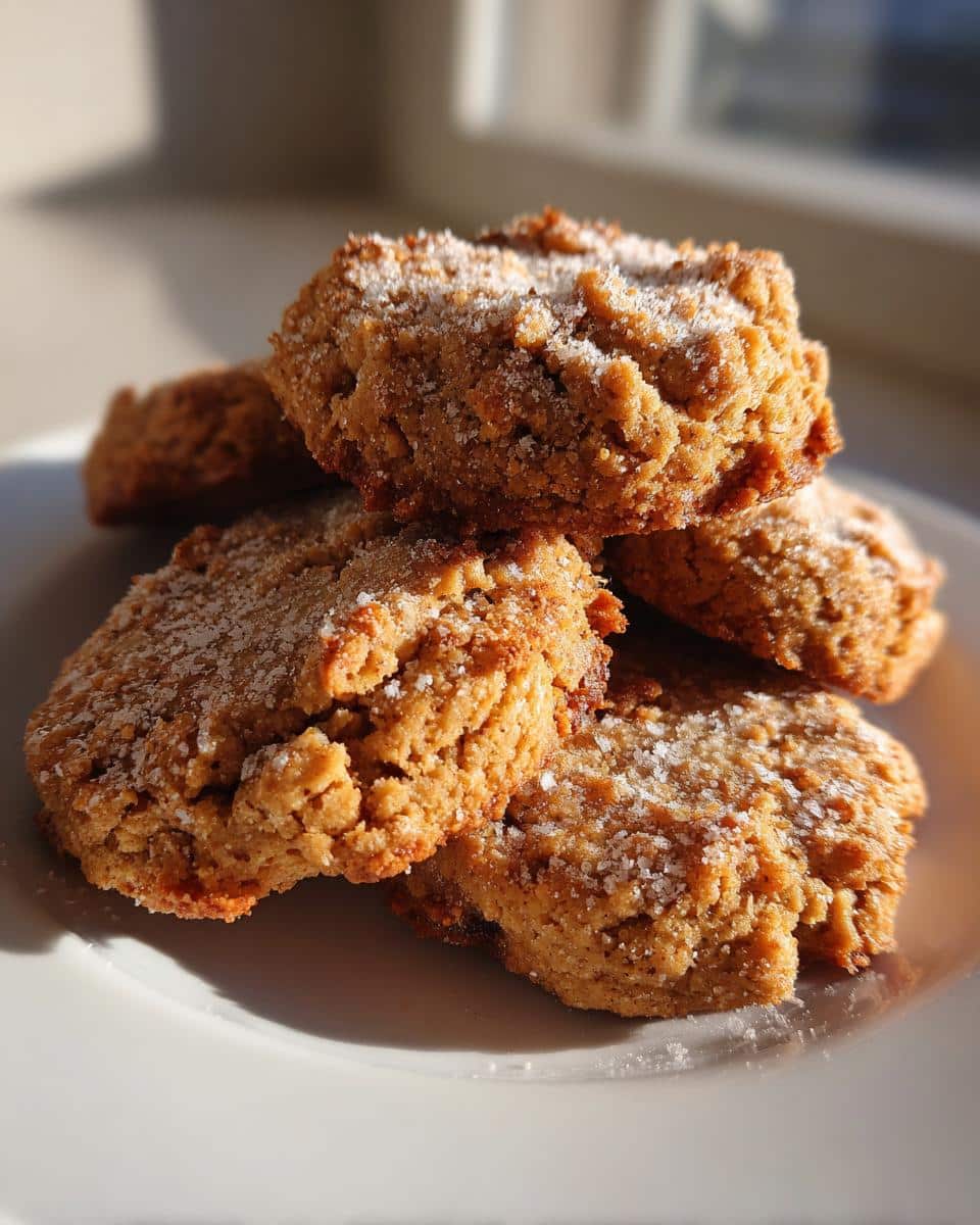 A stack of golden brown peanut butter banana pup bites sprinkled with sugar on a white plate.