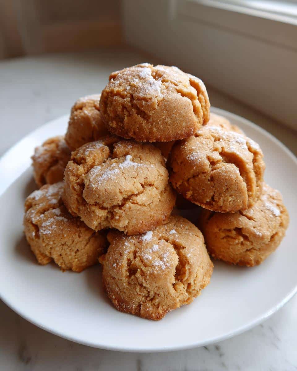 A stack of freshly baked peanut butter banana pup bites dusted lightly with powdered sugar on a white plate.