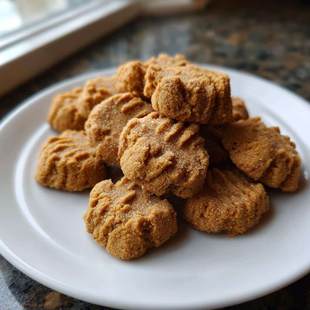 Close-up of a pile of freshly baked peanut butter banana pup bites sprinkled with sugar on a white plate.