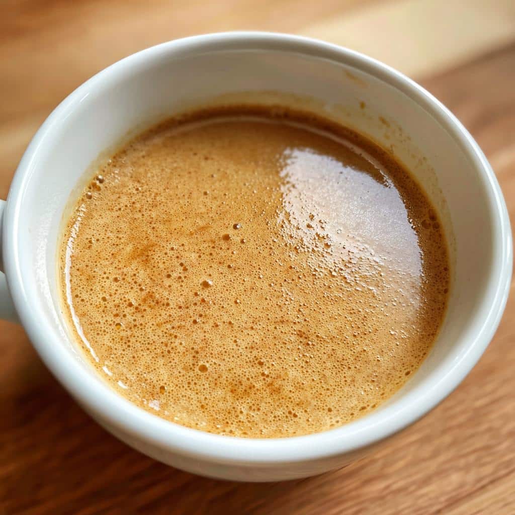 Close-up of a white mug filled with frothy Peanut Butter Chicken Broth Dog, showing rich, bubbly crema.