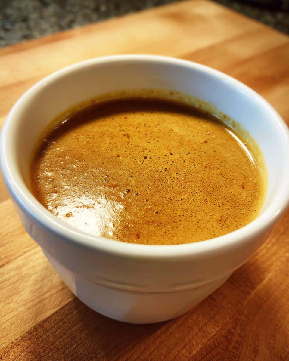 Close-up of foamy Peanut Butter Chicken Broth Dog liquid served in a small white bowl.