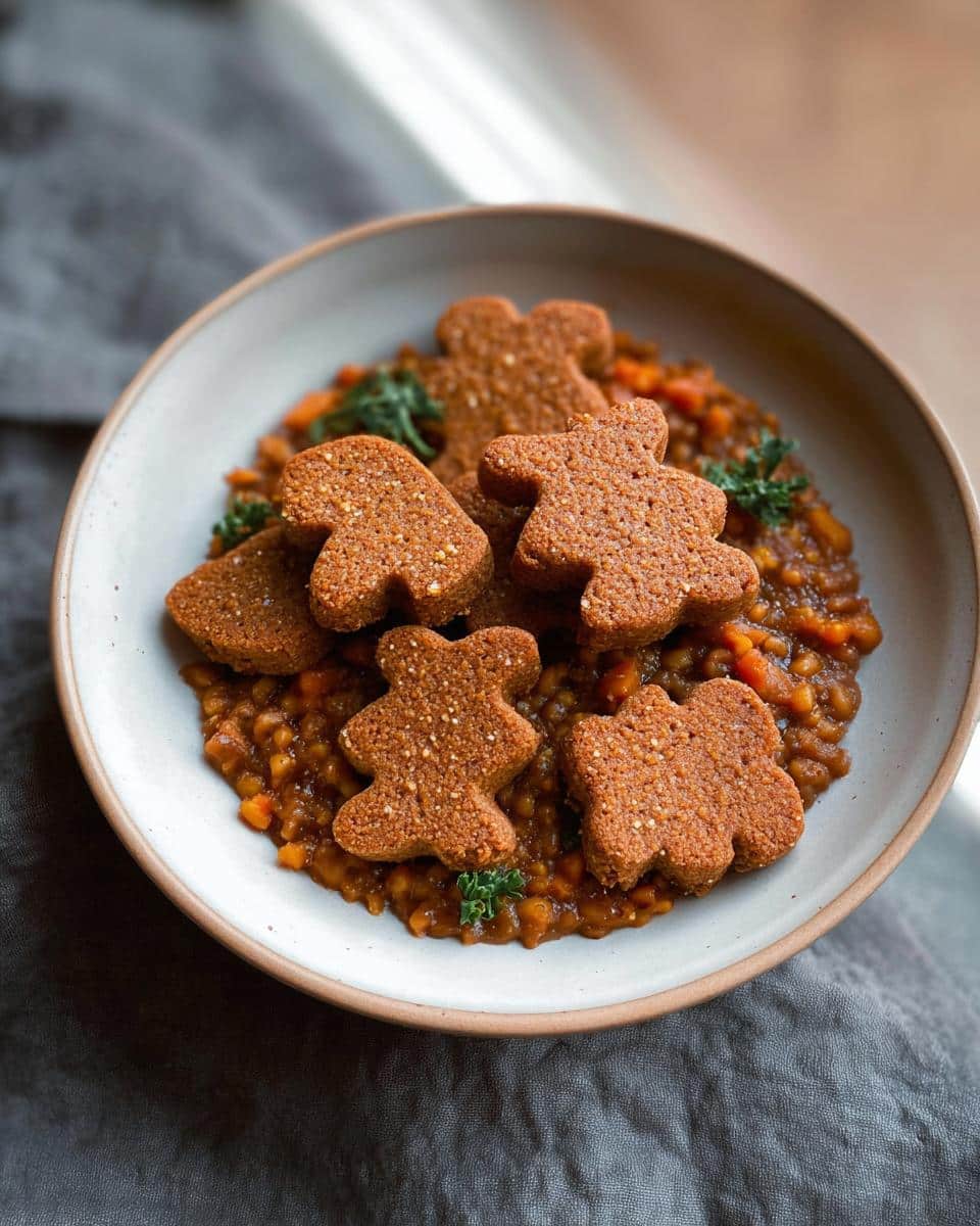 Five peanut butter dog treats shaped like gingerbread men served over a bed of stew.
