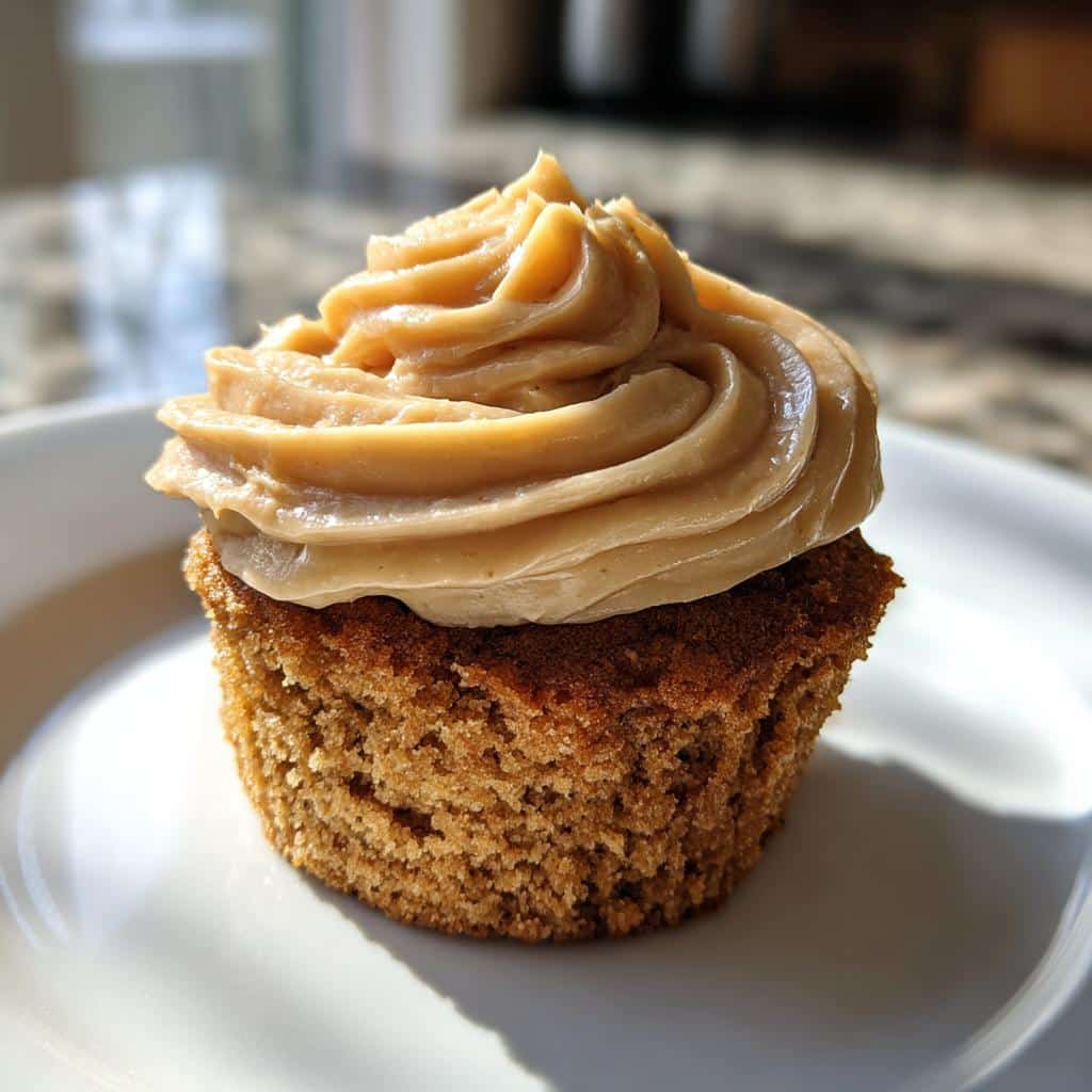 A single, delicious Peanut Butter Frosted Pupcake with rich, swirled frosting sitting on a white plate.