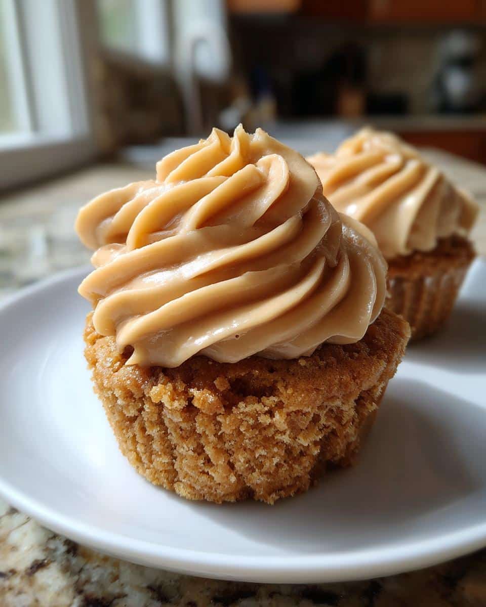 A close-up of a freshly baked Peanut Butter Frosted Pupcake topped with a swirl of creamy frosting, sitting on a white plate.