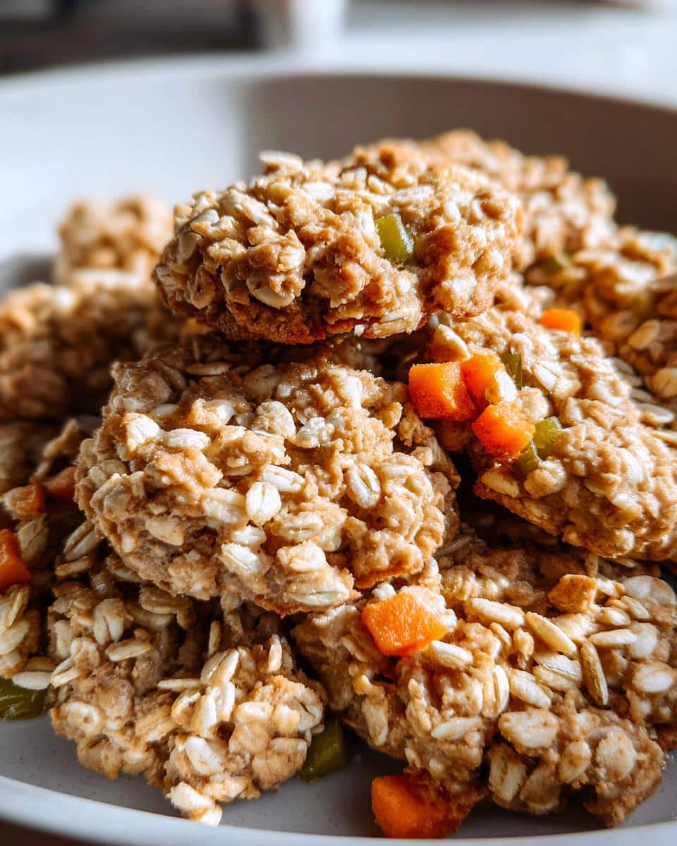 Close-up of a stack of homemade Peanut butter oat biscuit for dog treats with visible oats and small chunks of carrots and green vegetables.