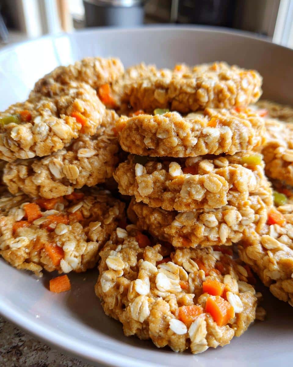A close-up stack of homemade peanut butter oat biscuit for dog treats, visible with oats and diced carrots.